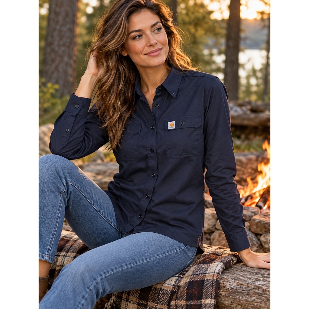 Carhartt Force Womens FR Long Sleeve Work Shirt Dark Navy Size M 8/10
